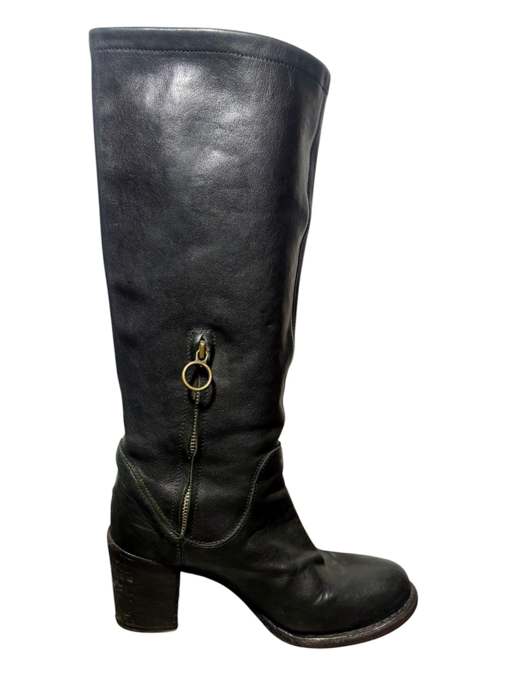 FIORENTINI + BAKER Black Leather Knee-High Boots with Ring Zip Accent